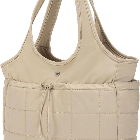 Sleek Puffer Tote Bag for Women - Quilted Laptop Compartment, Khaki, Lightweight - Picture 1 of 9